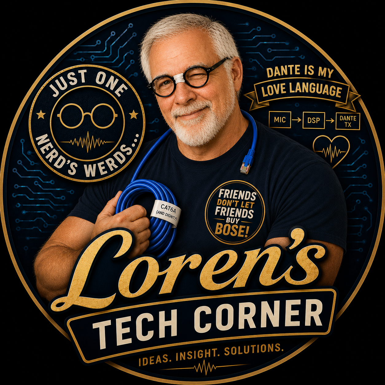 Loren’s Tech Corner illustrated series masthead with technology, audio, networking, and Custom Integration themes.