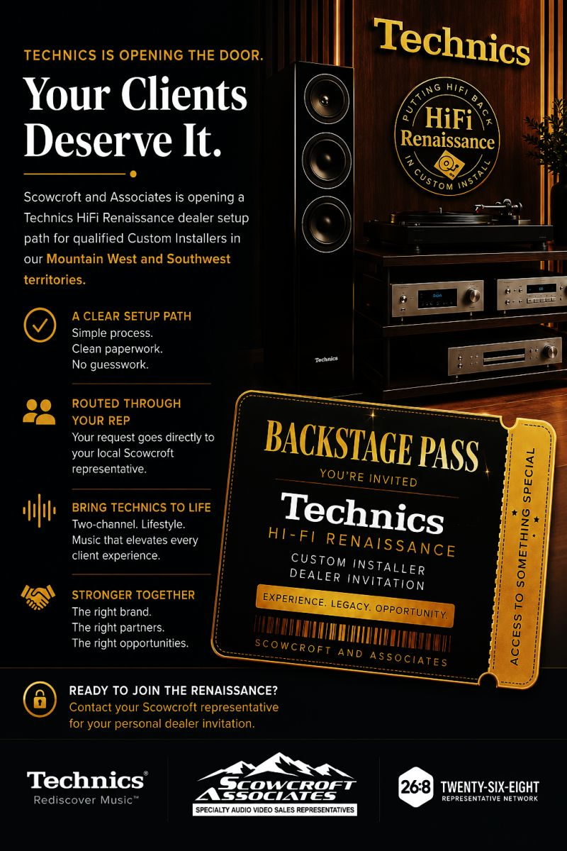 Technics HiFi Renaissance Backstage Pass campaign graphic introducing the Scowcroft dealer invitation path.